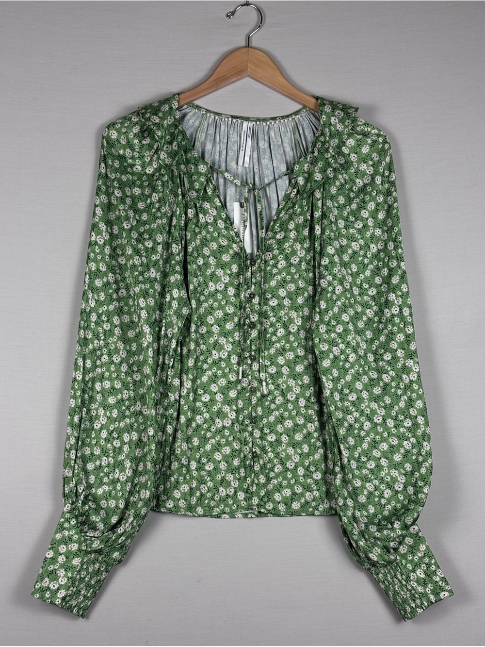 Anthropologie Floral Peasant Blouse Green Boho Tie Neck Long Sleeve NWT L
